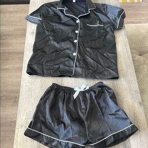 SHEIN Black Satin Pajama Set with White Trim